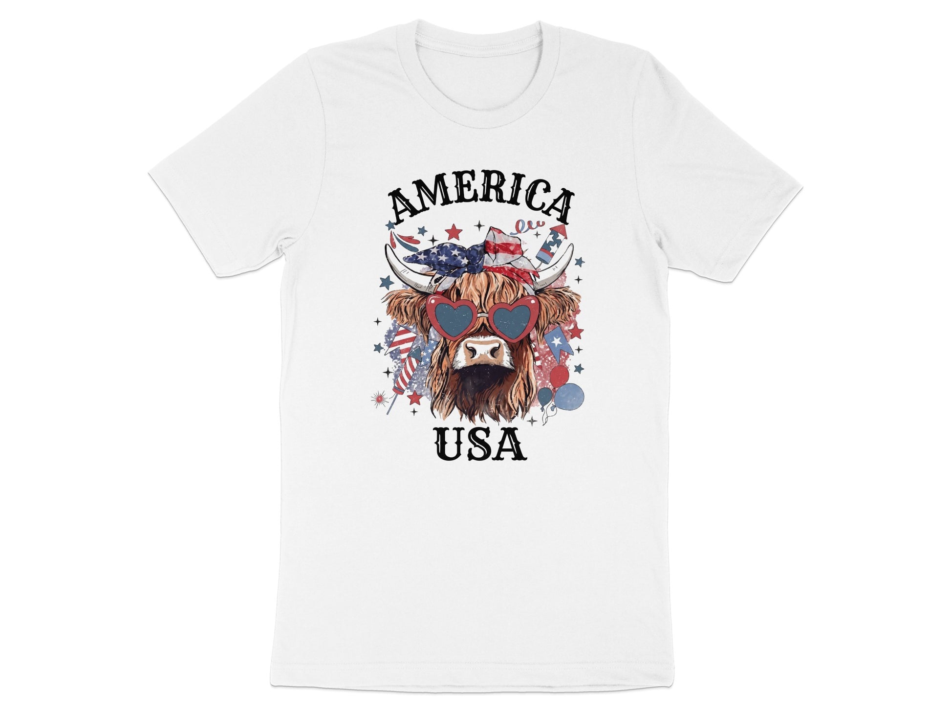 Highland cow with heart sunglasses and American flag elements, "AMERICA USA".