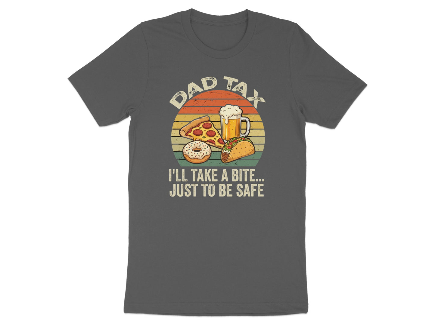 Dad Tax t-shirt with pizza, taco, and beer illustration and text.