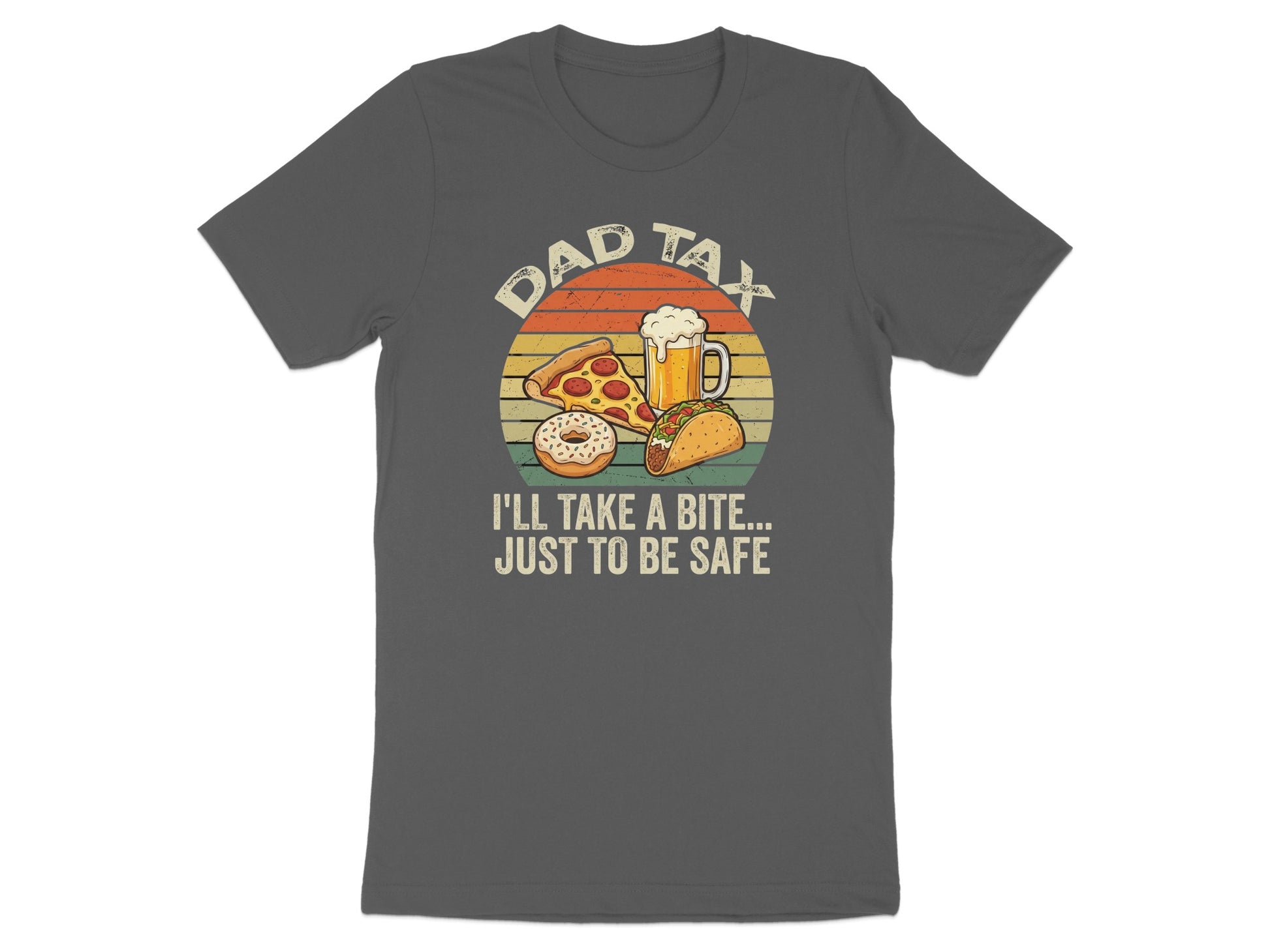 Dad Tax t-shirt with pizza, taco, and beer illustration and text.