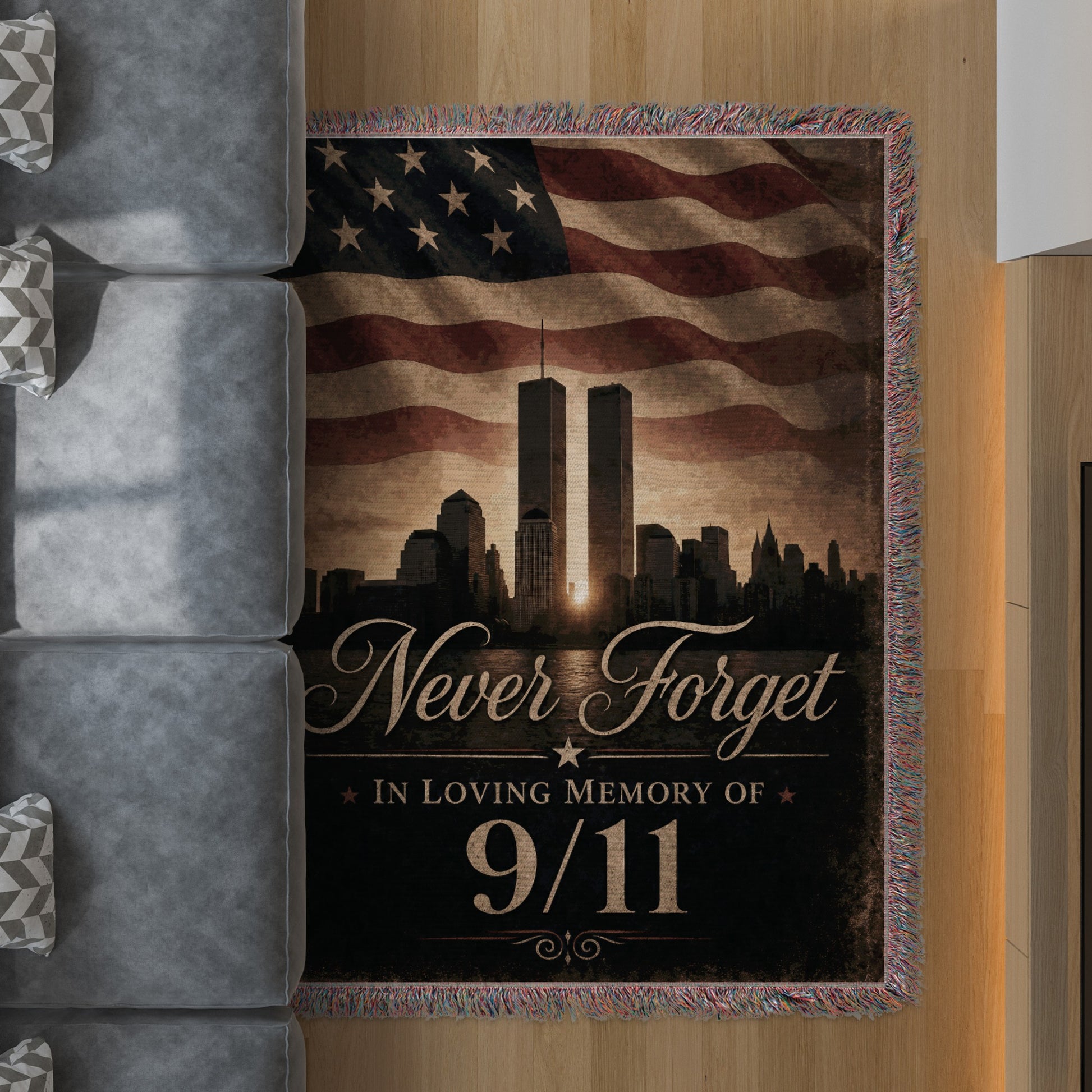 Tapestry featuring American flag, Twin Towers, and "Never Forget 9/11" text.