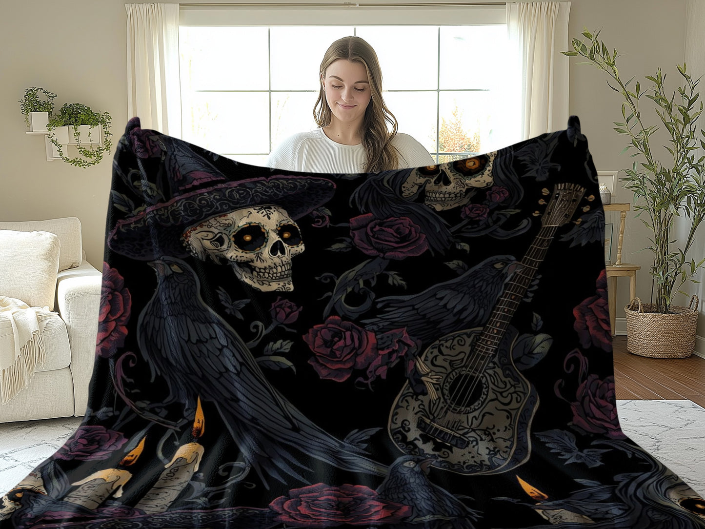 Gothic Skeletons and Roses Printed Blanket product