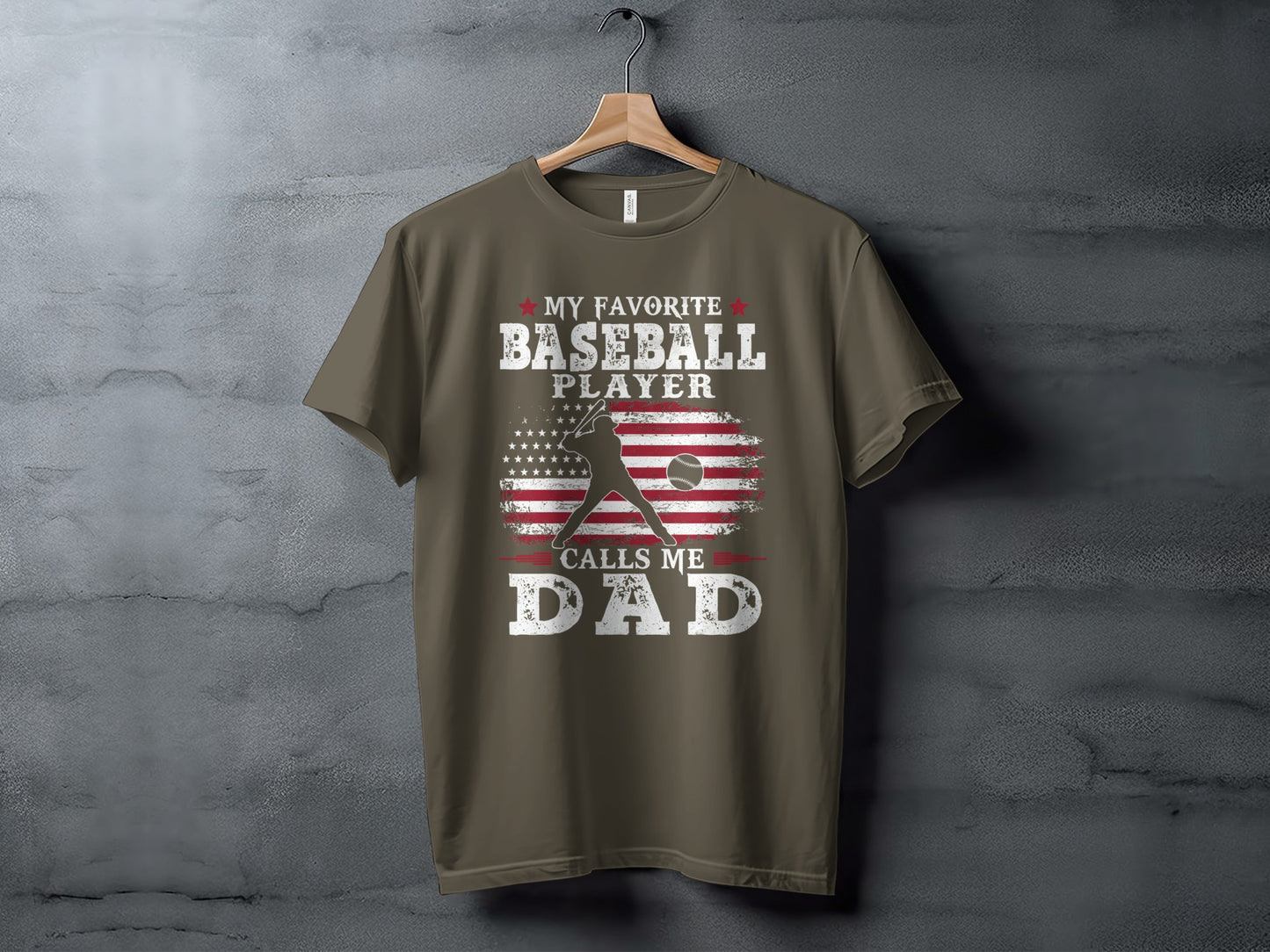 T-shirt with American flag and "My Favorite Baseball Player Calls Me Dad" text.