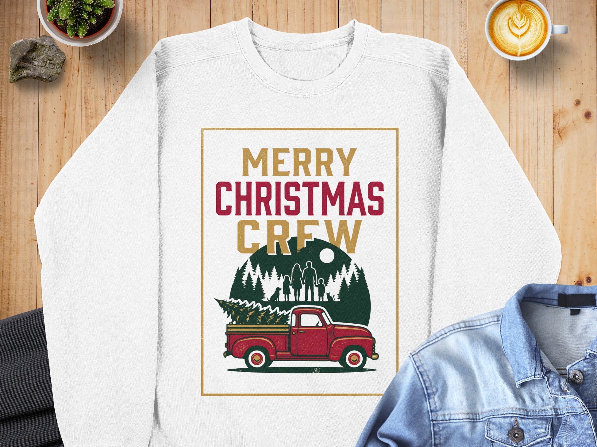 White sweatshirt with "Merry Christmas Crew" text and vintage truck graphic.