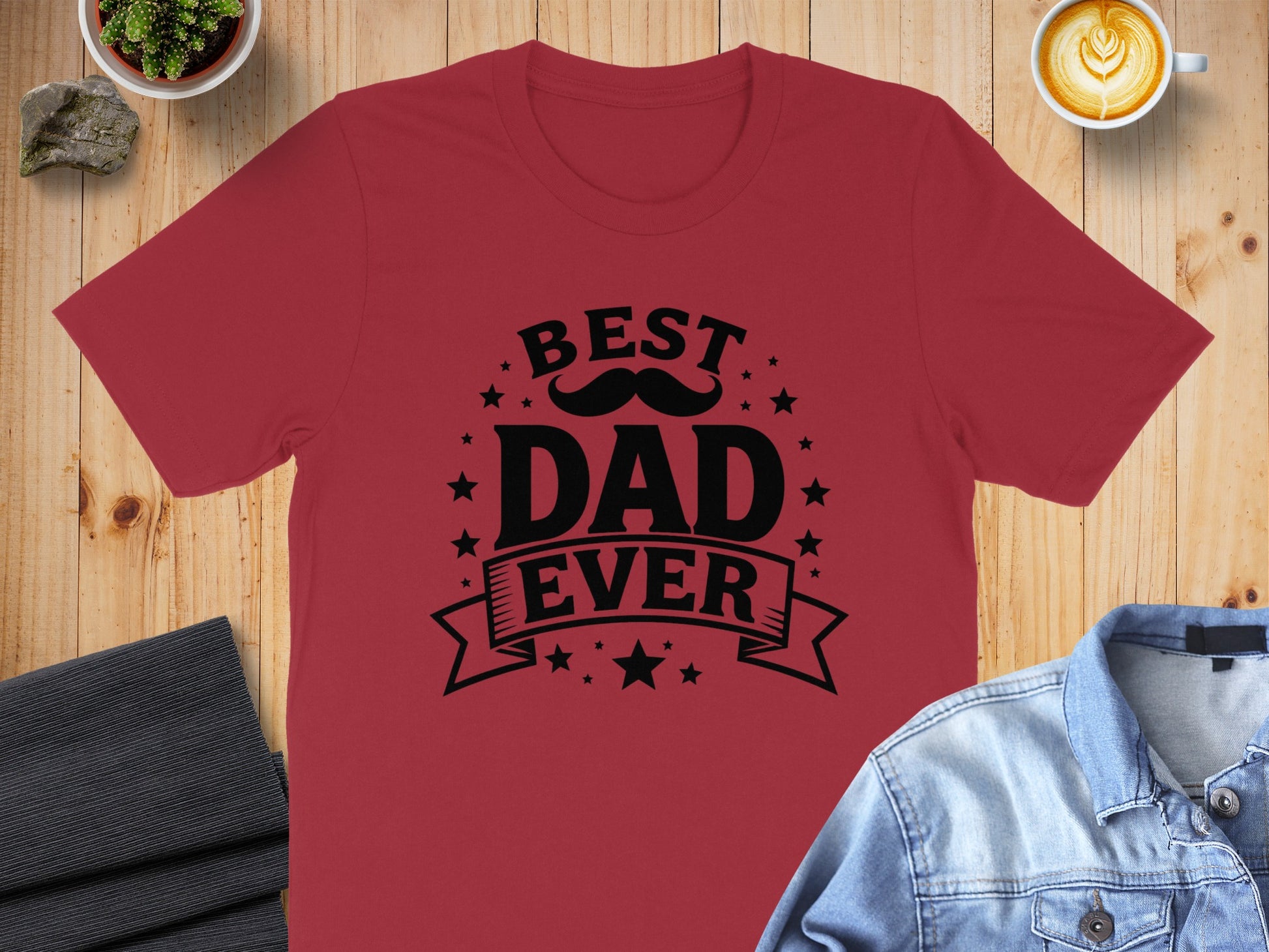 Red t-shirt with "BEST DAD EVER" and mustache graphic.