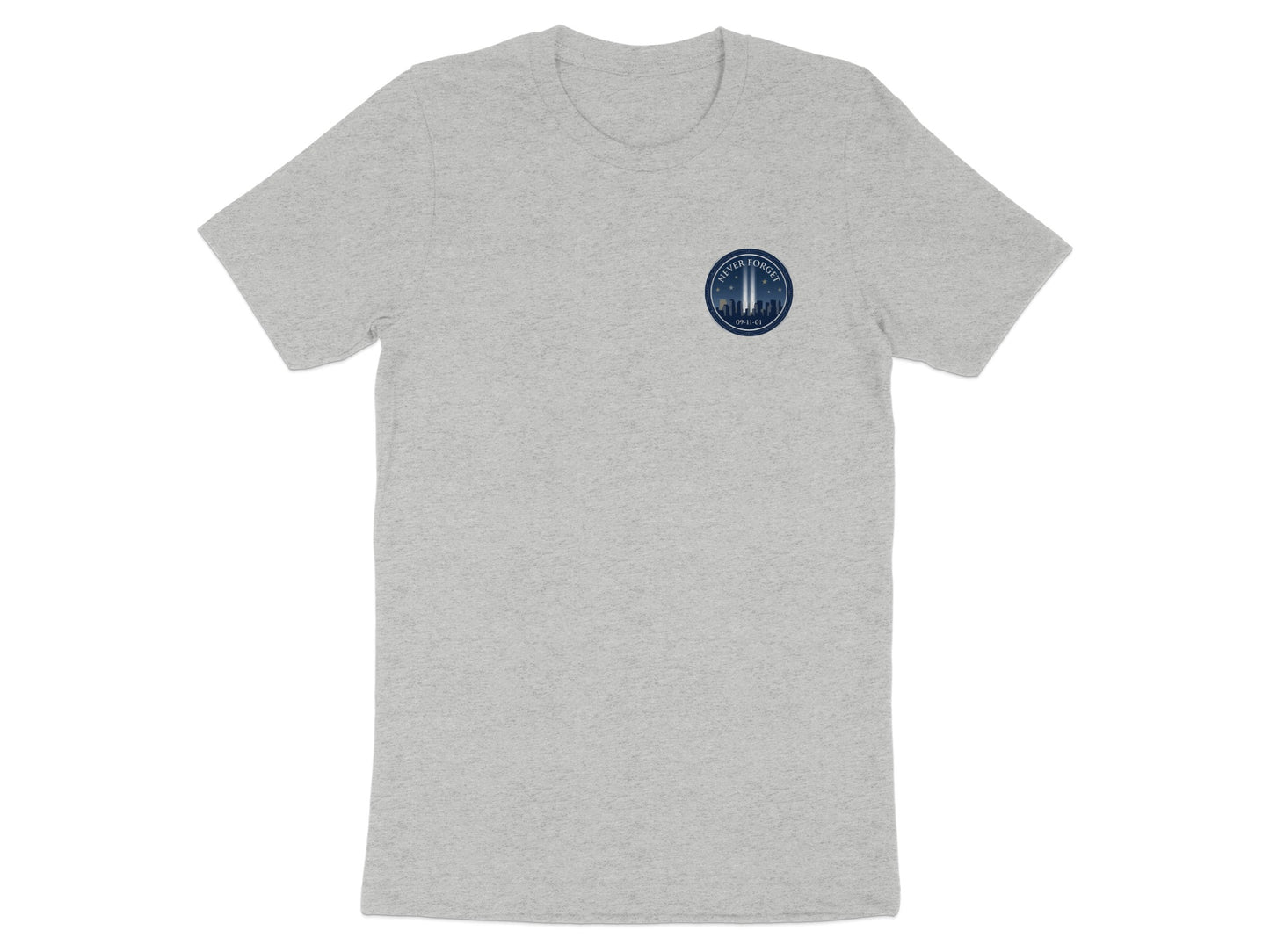 Gray t-shirt with "Never Forget 09-11-01" and Twin Towers emblem.