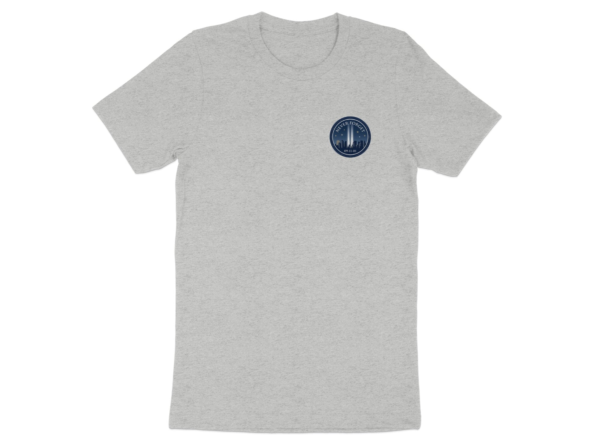 Gray t-shirt with "Never Forget 09-11-01" and Twin Towers emblem.