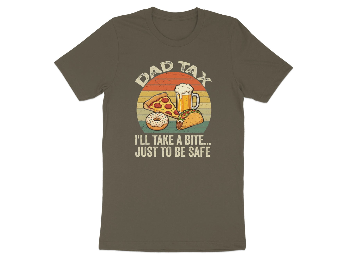Brown t-shirt with "Dad Tax I'll Take a Bite Just to Be Safe" text and food graphics.