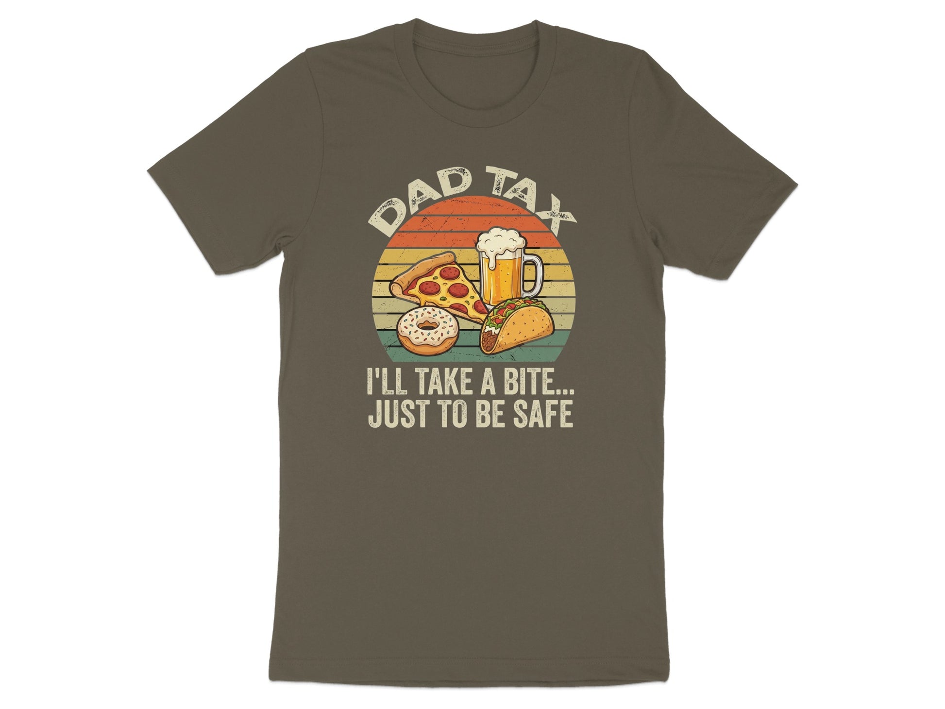Brown t-shirt with "Dad Tax I'll Take a Bite Just to Be Safe" text and food graphics.