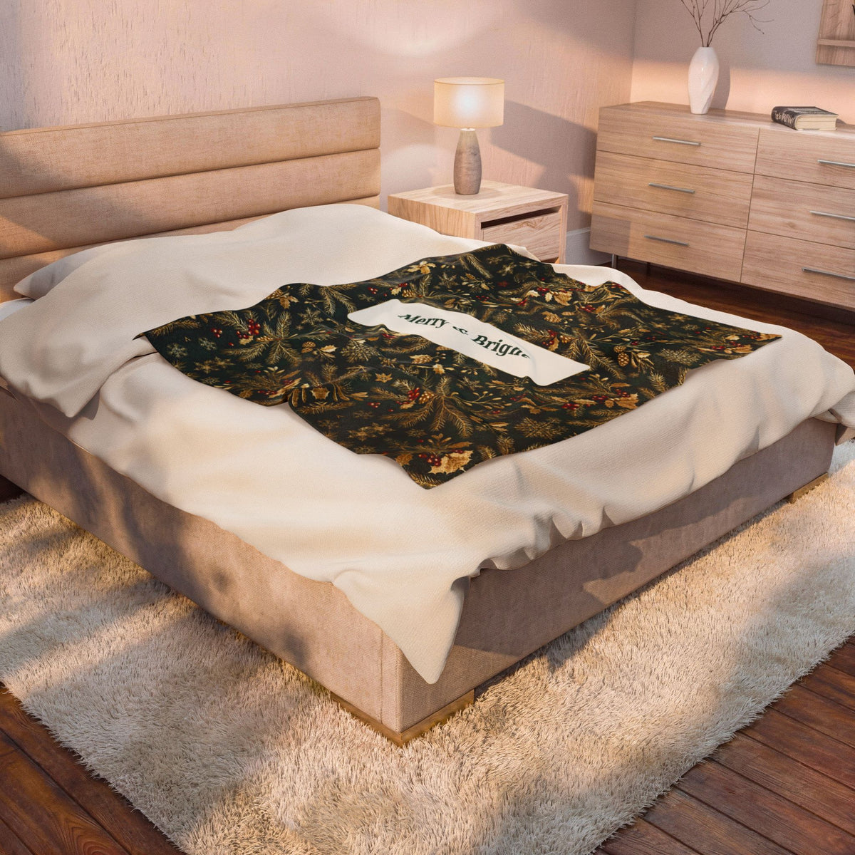 Merry & Bright | Evergreen Gold Velveteen Plush Blanket