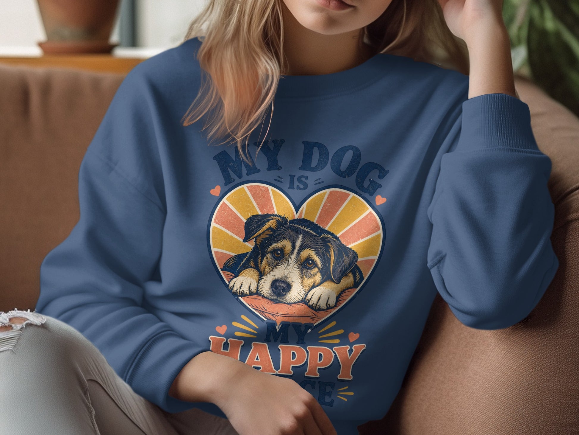 Blue sweatshirt with graphic of dog in heart: "My Dog is My Happy Place".