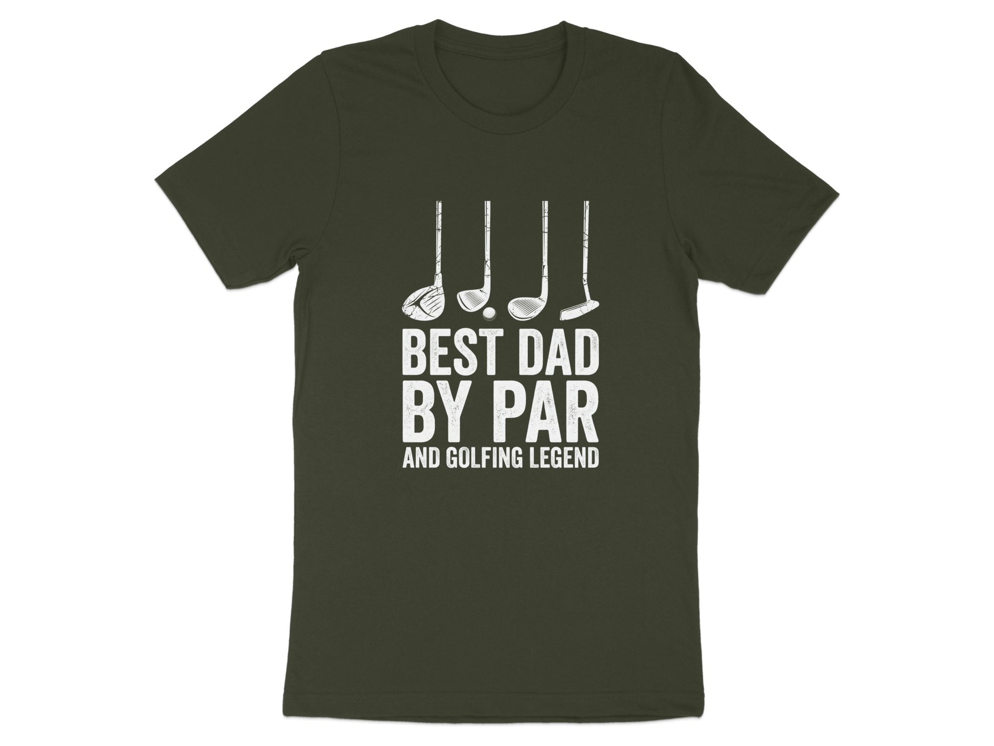 Dark green t-shirt with "BEST DAD BY PAR AND GOLFING LEGEND" and golf club graphics.