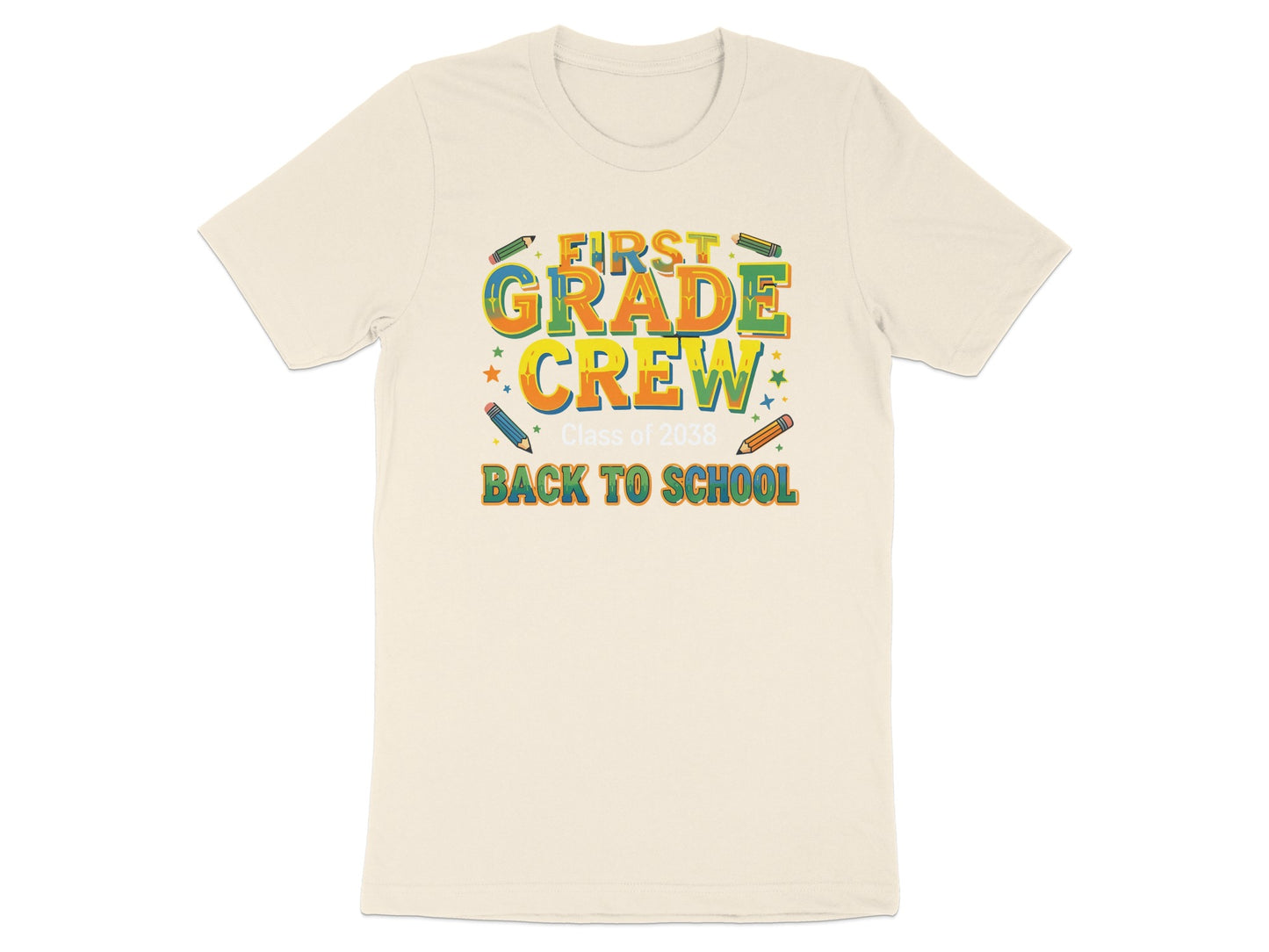 Cream t-shirt with "First Grade Crew" and "Back to School" text.