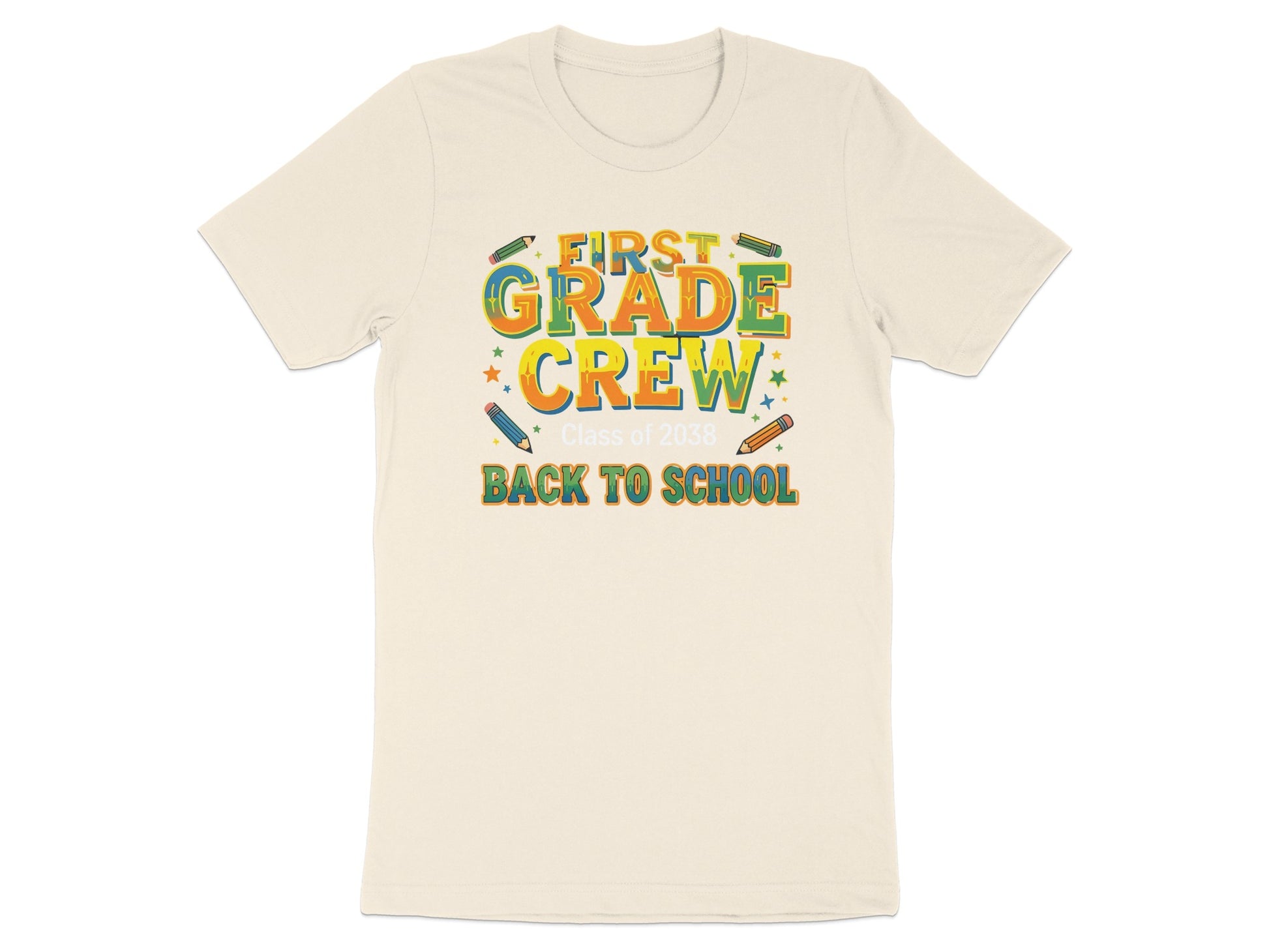 Cream t-shirt with "First Grade Crew" and "Back to School" text.