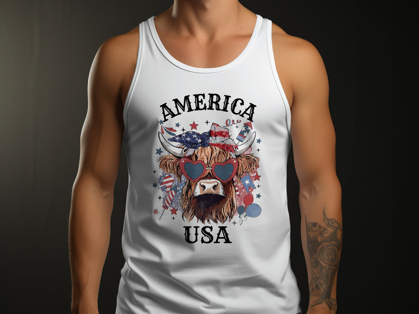 White tank top featuring a Highland cow with heart-shaped sunglasses and patriotic USA graphics.