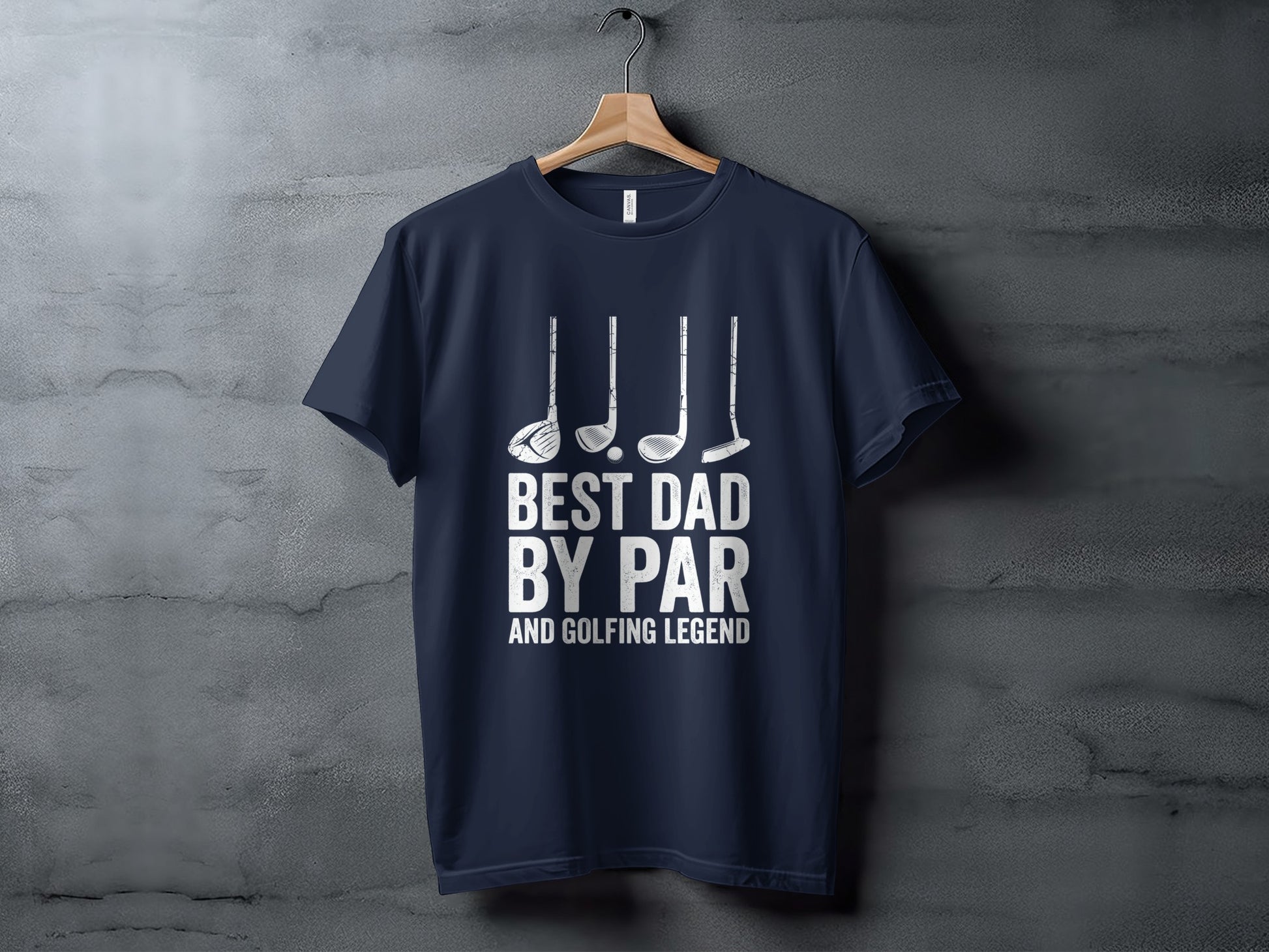 Navy t-shirt with white text "BEST DAD BY PAR AND GOLFING LEGEND" and golf club graphics.