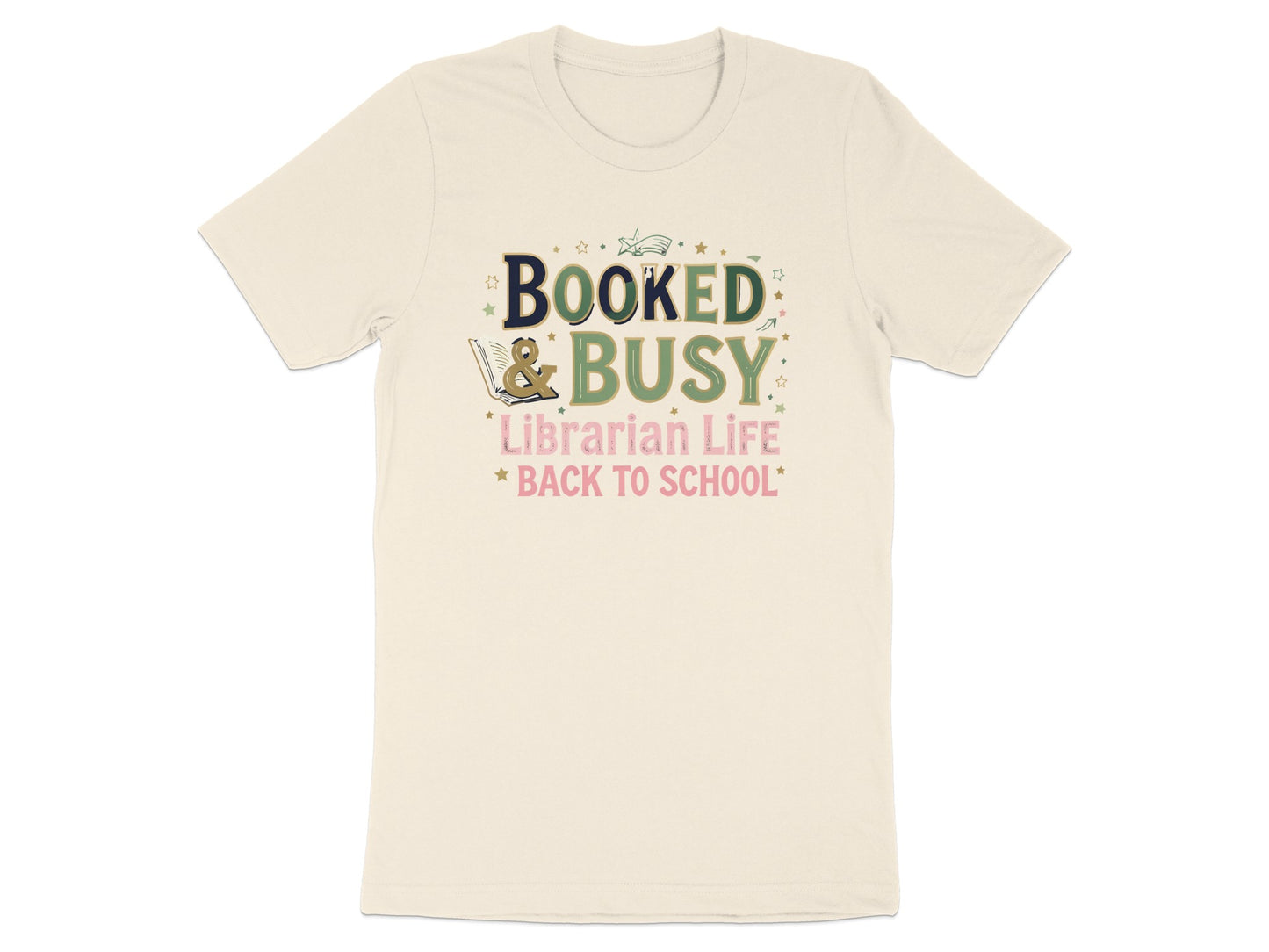 Cream t-shirt with "Booked & Busy Librarian Life" print and stars.