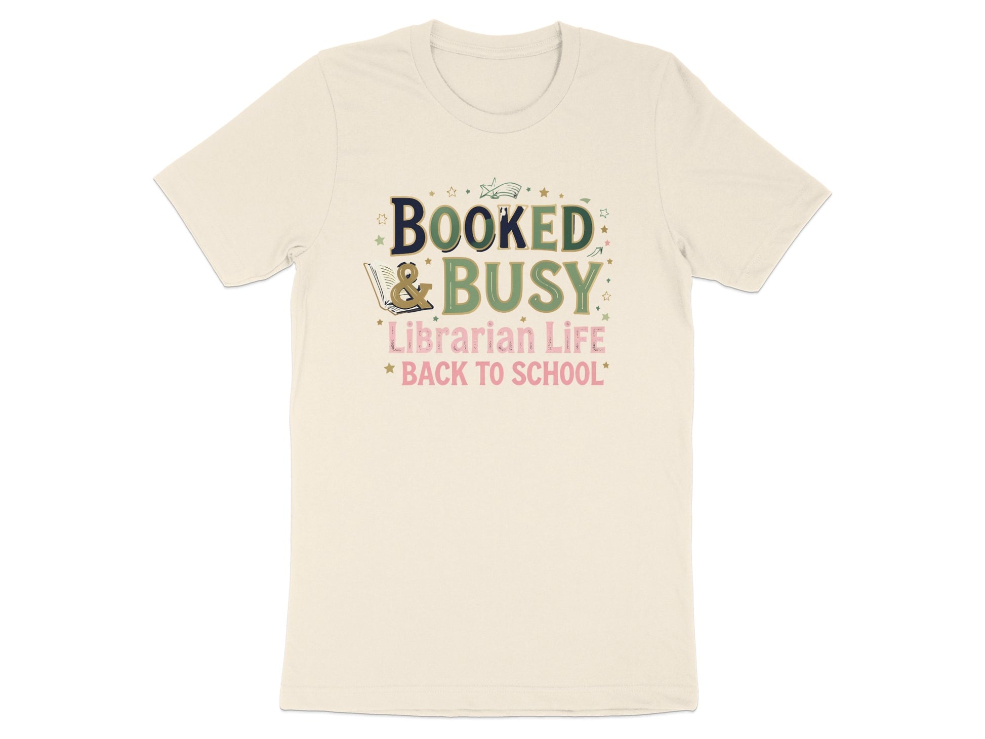 Cream t-shirt with "Booked & Busy Librarian Life" print and stars.