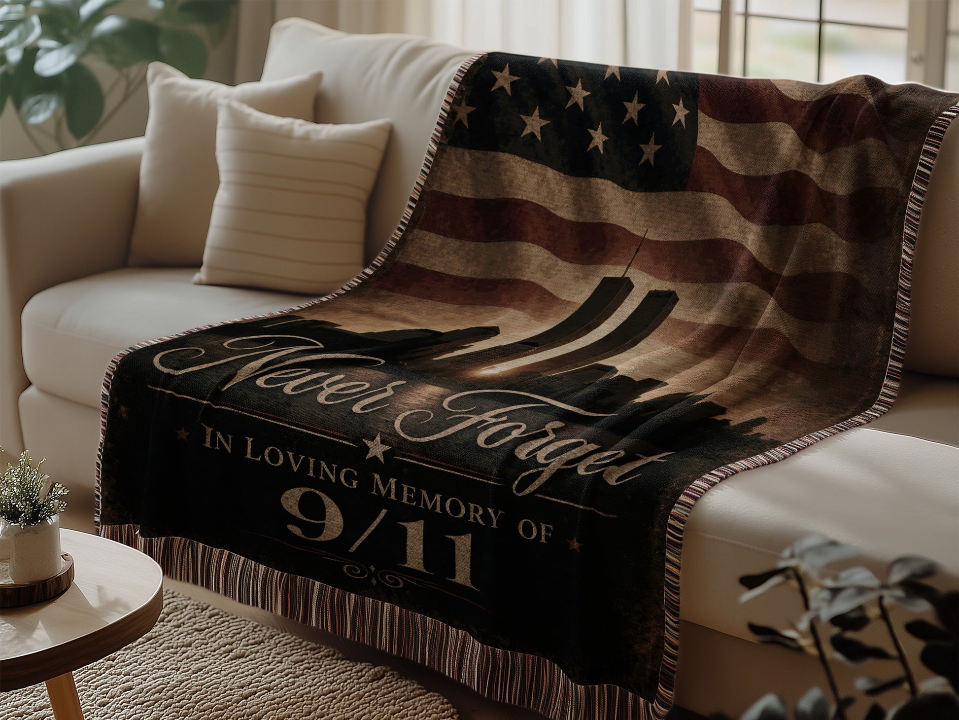 American flag blanket commemorating 9/11 with the words "Never Forget".