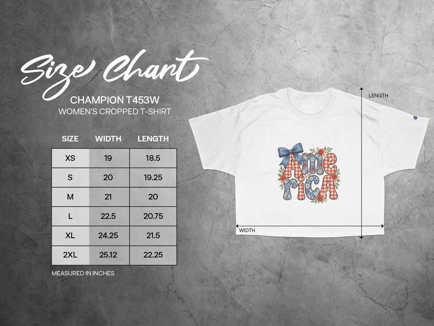 Champion T453W women's cropped t-shirt size chart with width and length measurements.