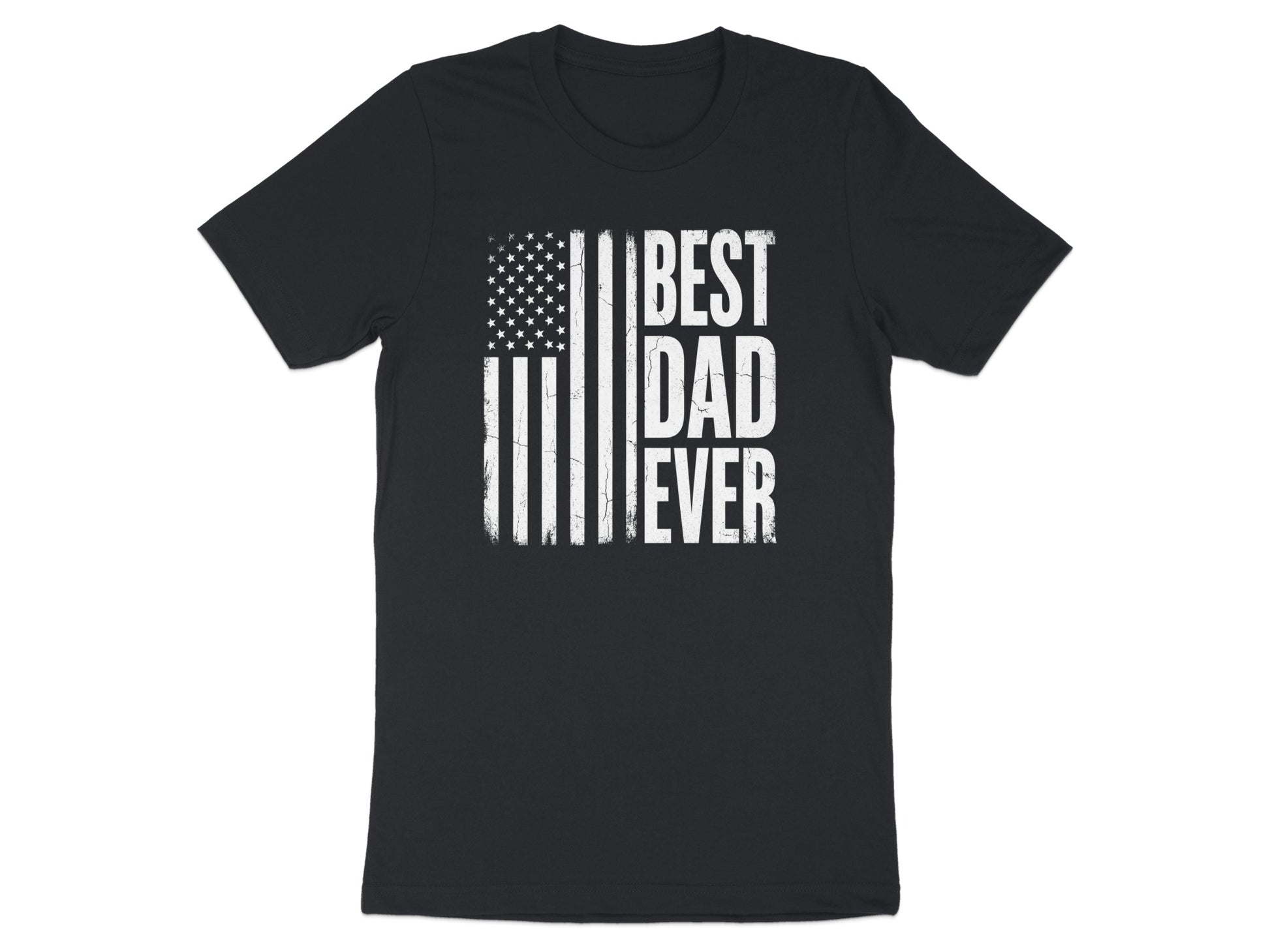Black t-shirt with distressed American flag and "BEST DAD EVER" text.