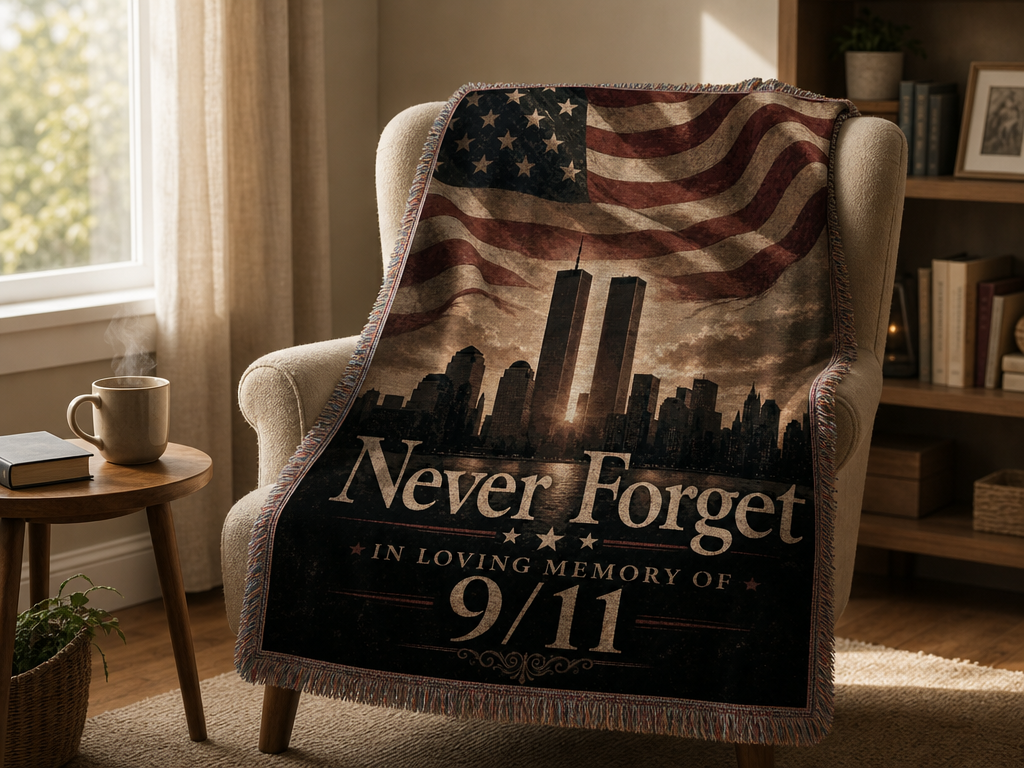 9/11 Twin Towers memorial blanket draped over a cozy armchair