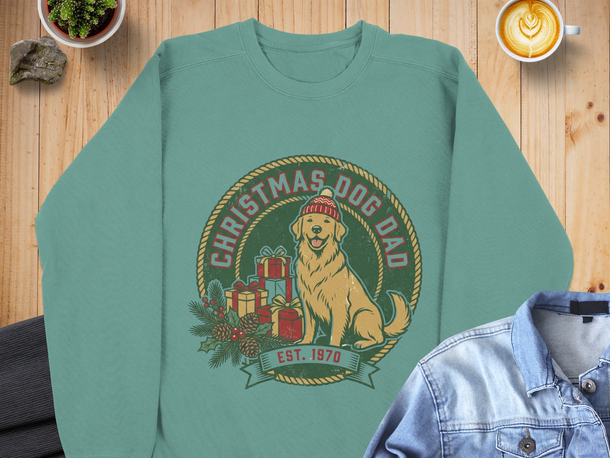 Christmas Dog Dad graphic with golden retriever and gifts, Est. 1970.