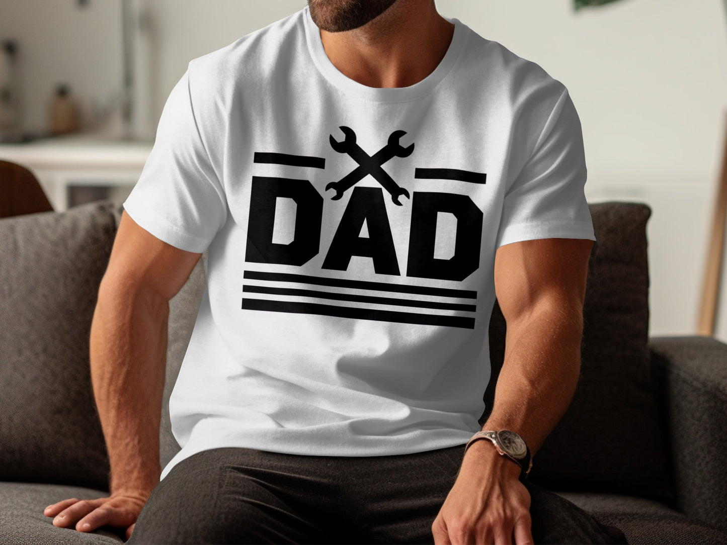 White t-shirt with black "DAD" text and crossed wrenches graphic.