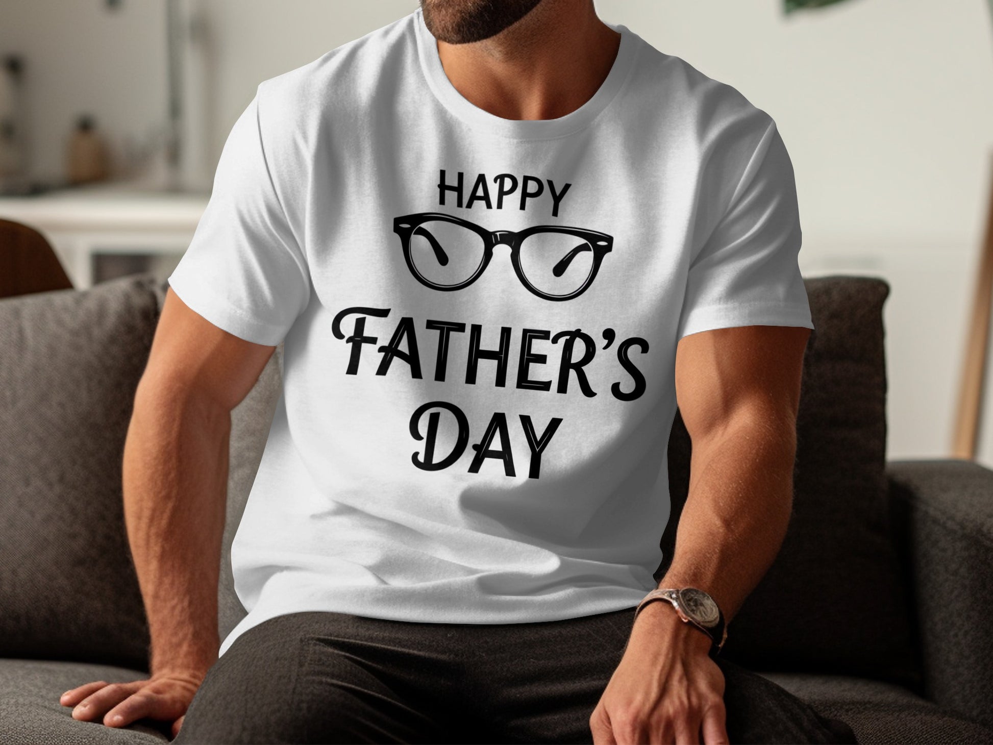White t-shirt with "Happy Father's Day" and glasses graphic.