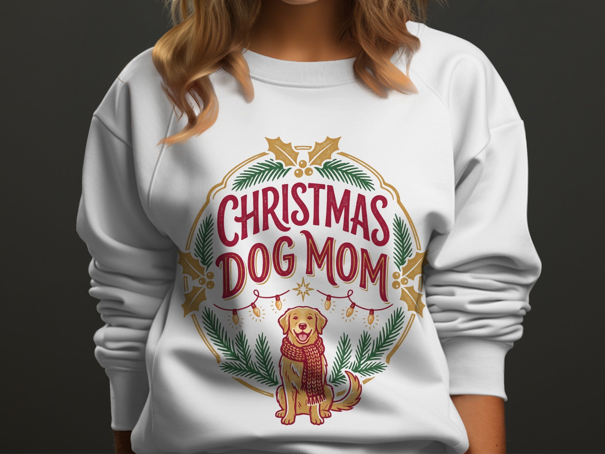 White sweatshirt with "Christmas Dog Mom" graphic and a golden retriever wearing a scarf.