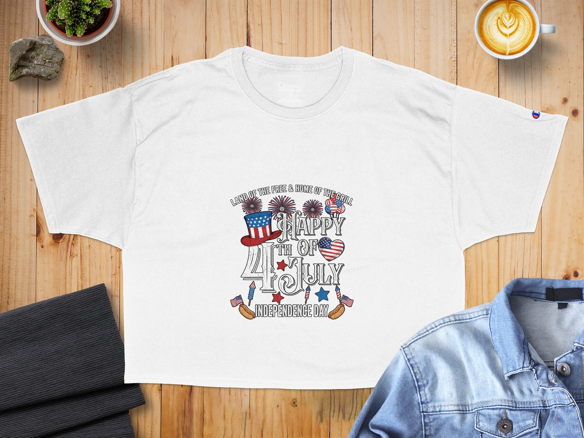 White t-shirt with "Happy 4th of July Independence Day" patriotic graphic.