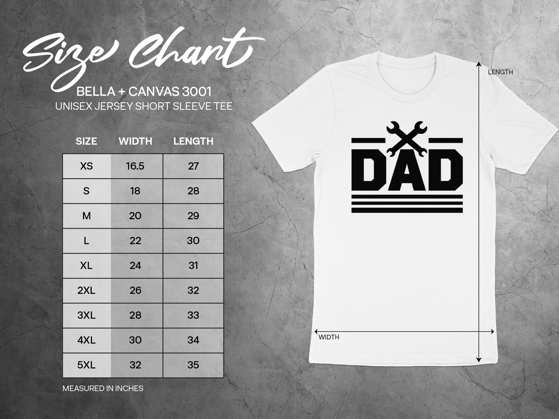 Bella + Canvas 3001 unisex t-shirt size chart with measurements.
