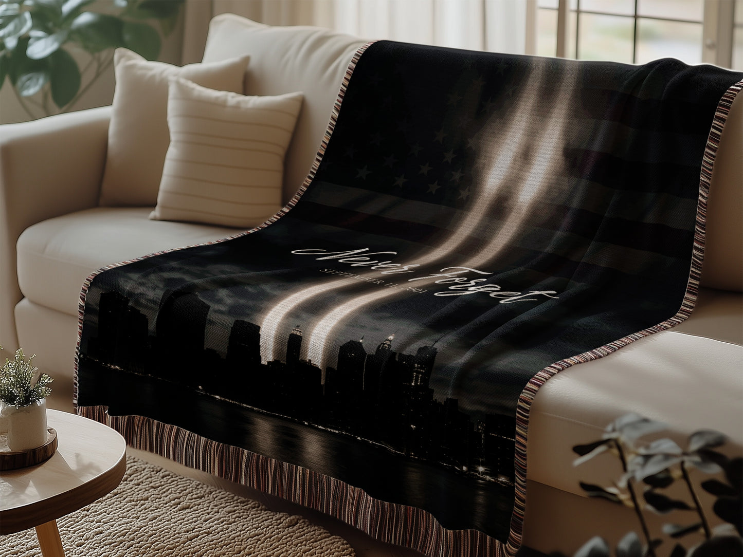Throw blanket featuring the Twin Towers tribute, US flag, and "Never Forget September 11, 2001".