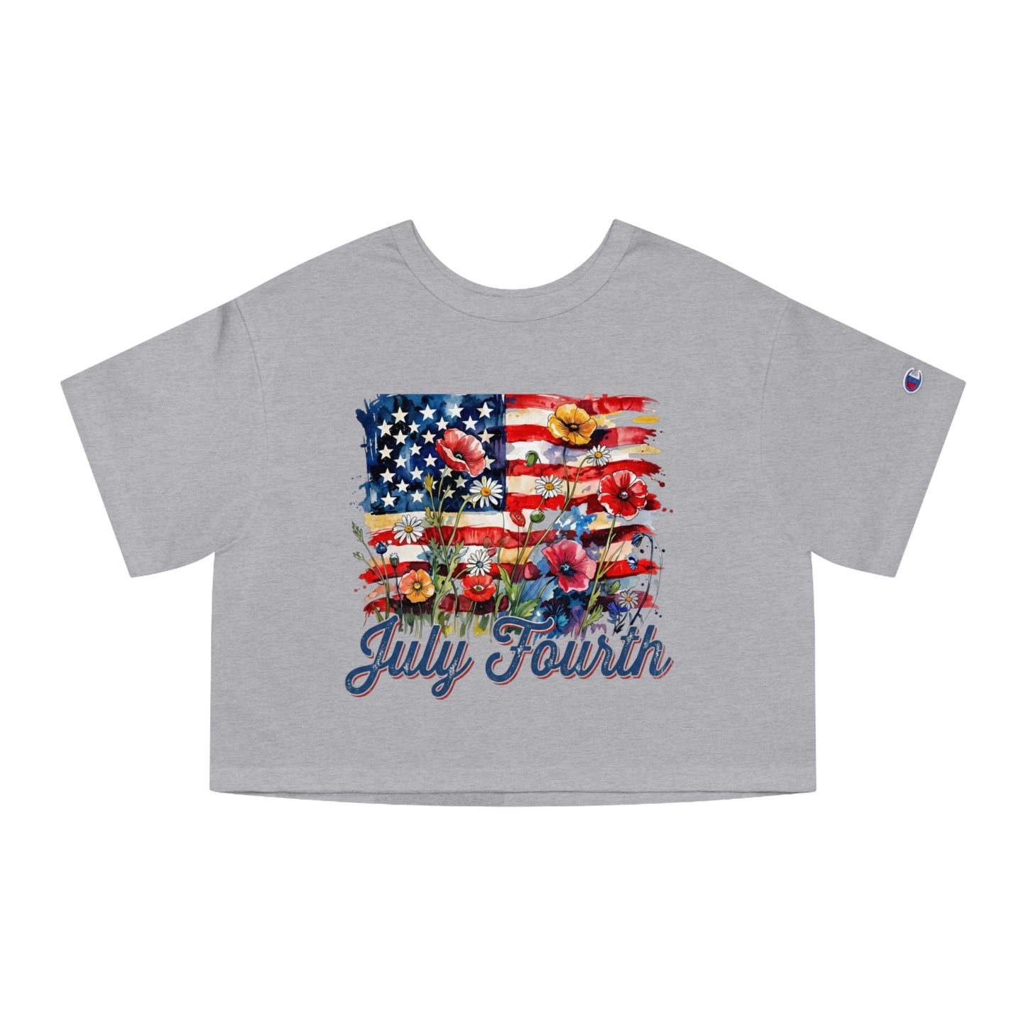 Grey t-shirt with watercolor American flag and flowers, reads "July Fourth".
