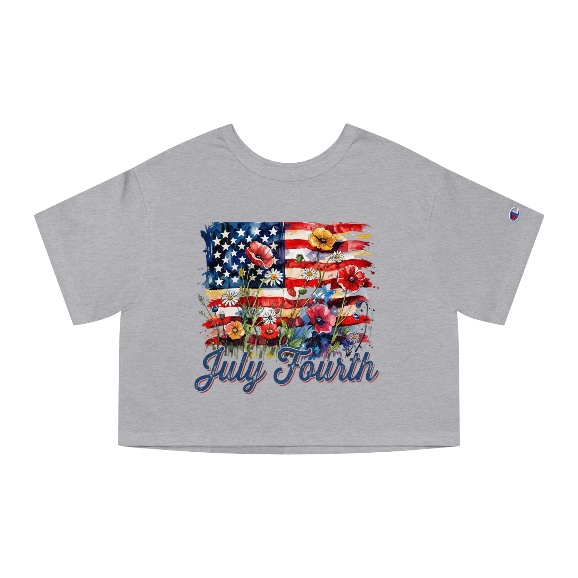 Grey t-shirt with watercolor American flag and flowers, reads "July Fourth".