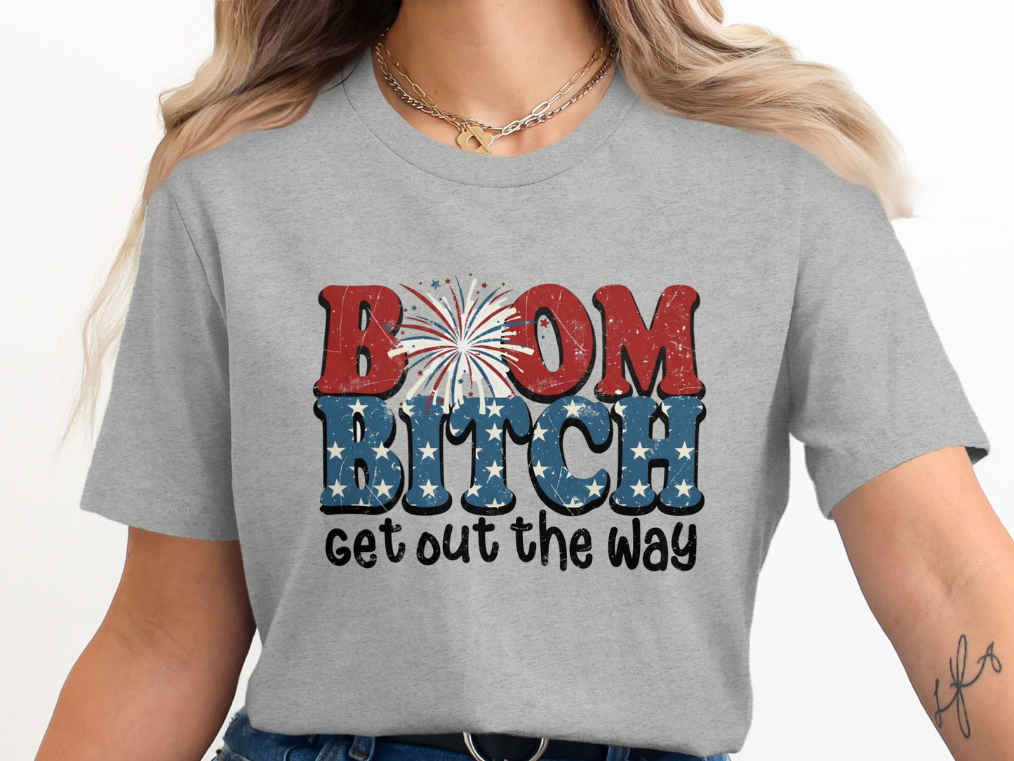 Grey t-shirt with "BOOM BITCH" and fireworks design.