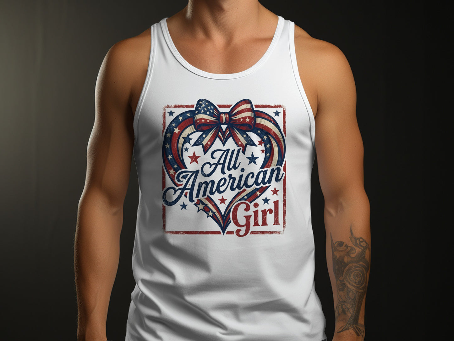 White tank top with distressed heart graphic featuring American flag elements and text.