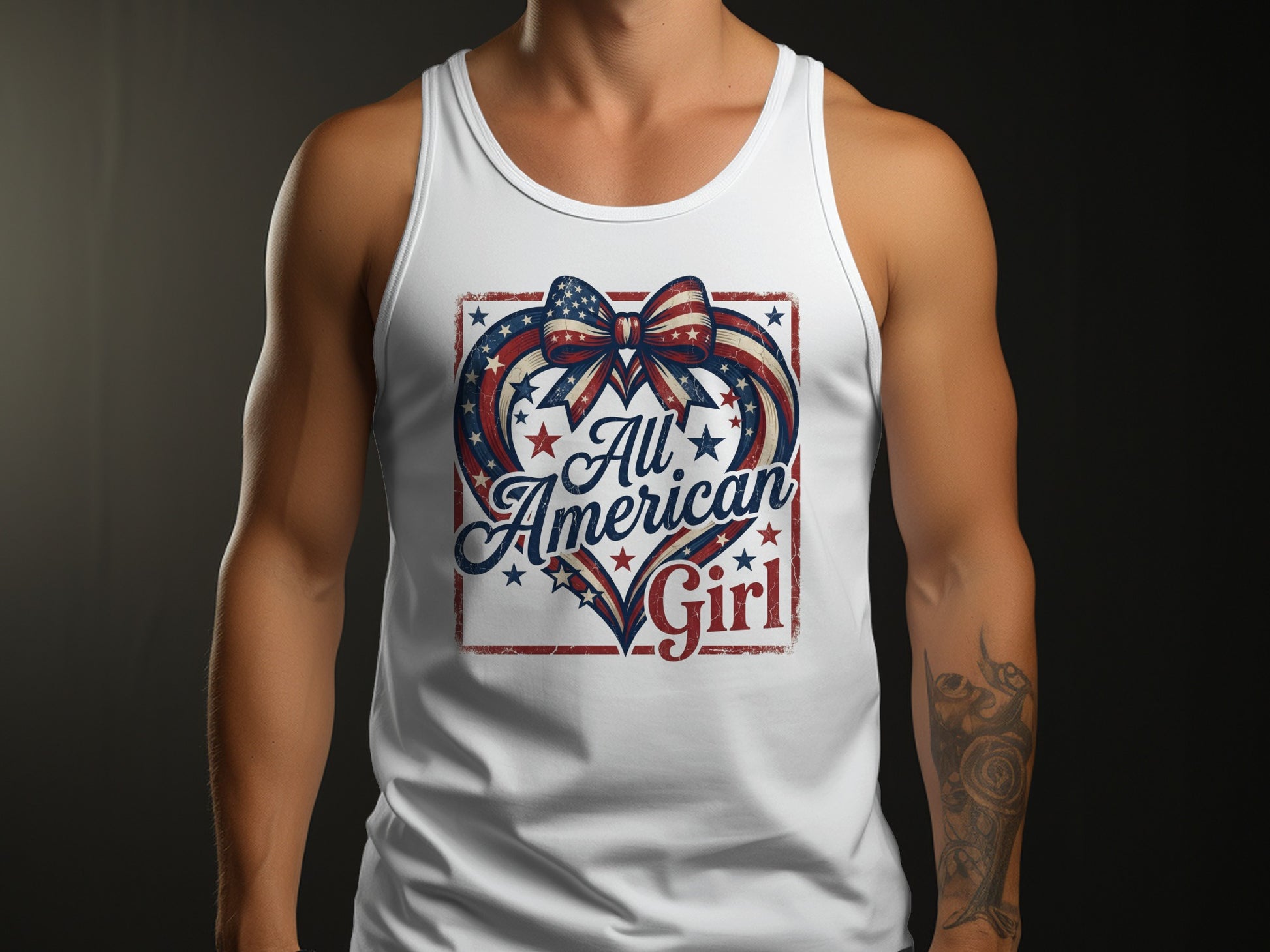 White tank top with distressed heart graphic featuring American flag elements and text.