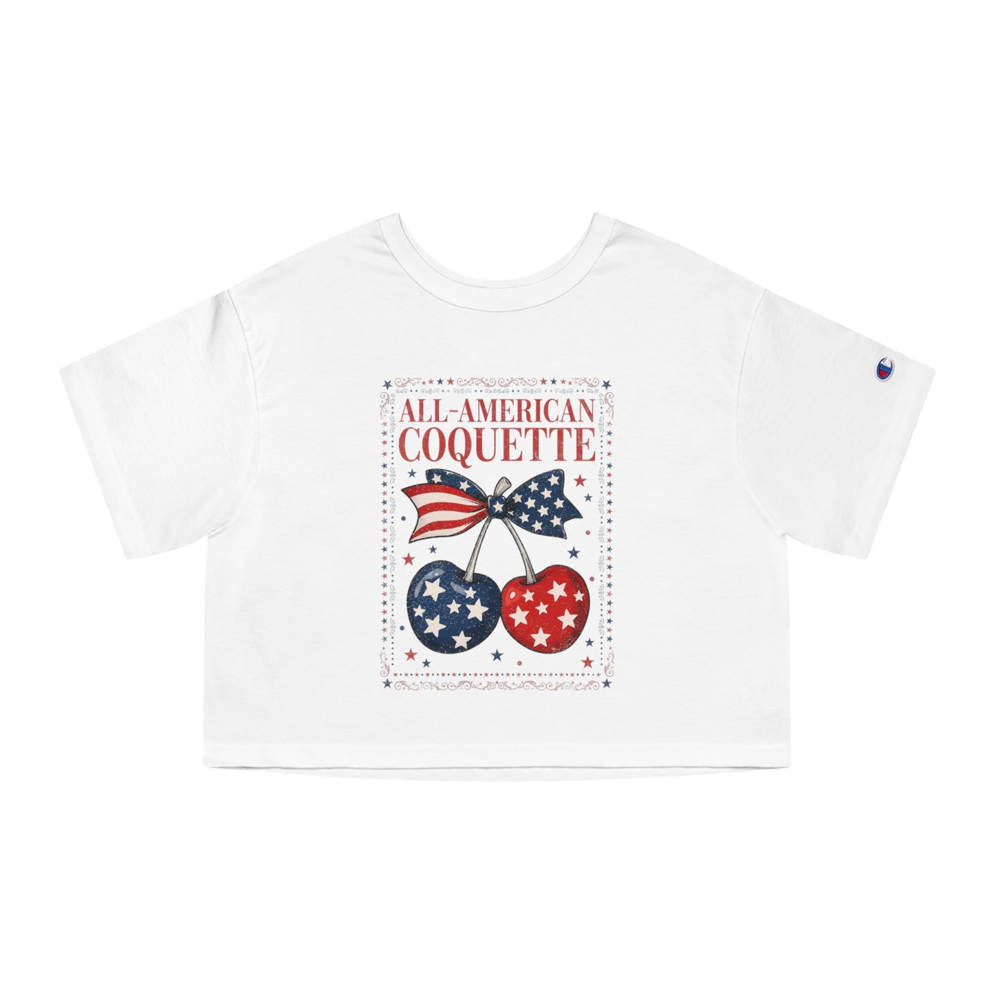 White t-shirt with red and blue patriotic cherries and text "ALL-AMERICAN COQUETTE".