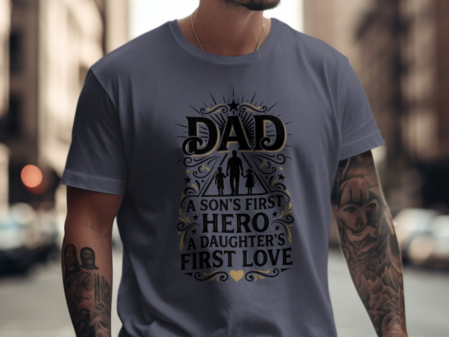 Dad's first hero, daughter's first love graphic on a grey t-shirt.