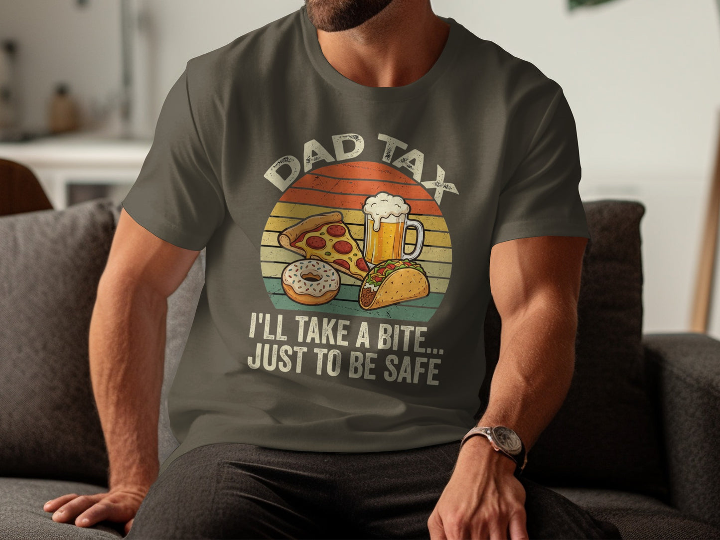 Dad Tax phrase on t-shirt with pizza, donut, beer, and taco graphic.