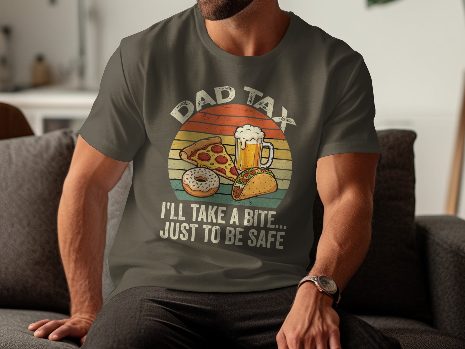 Dad Tax phrase on t-shirt with pizza, donut, beer, and taco graphic.