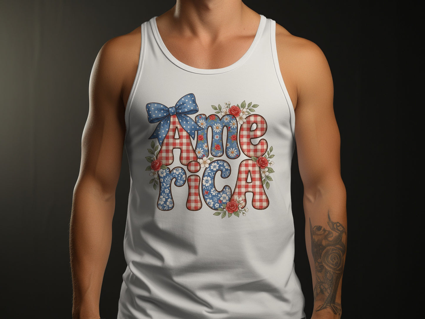 White tank top with "America" text featuring floral and gingham patterns.