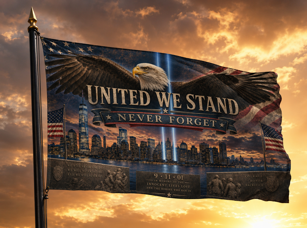 United We Stand 9/11 flag on flagpole against sunset sky