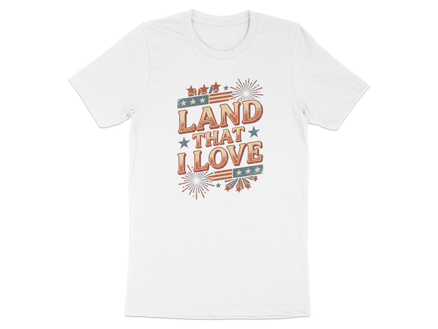 White t-shirt with "LAND THAT I LOVE" and fireworks graphic.