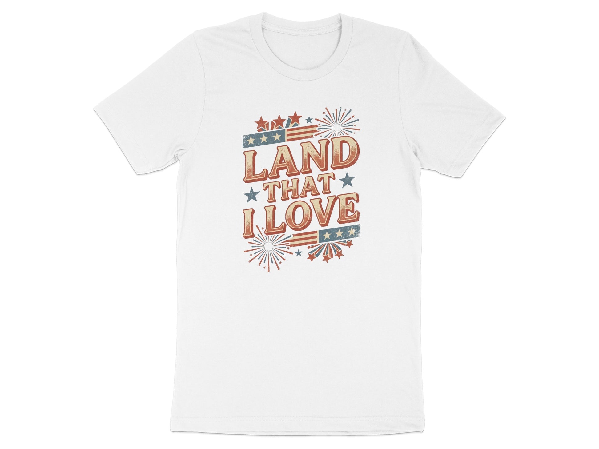 White t-shirt with "LAND THAT I LOVE" and fireworks graphic.