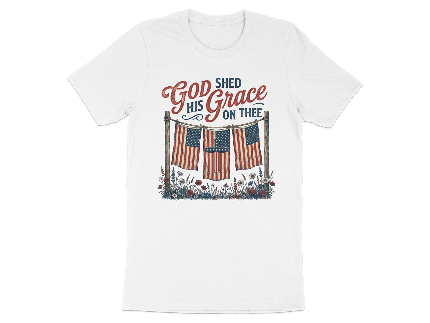 T-shirt with God shed his grace on thee text and American flags.