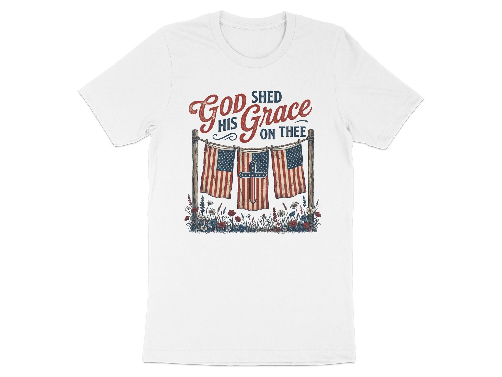 T-shirt with God shed his grace on thee text and American flags.
