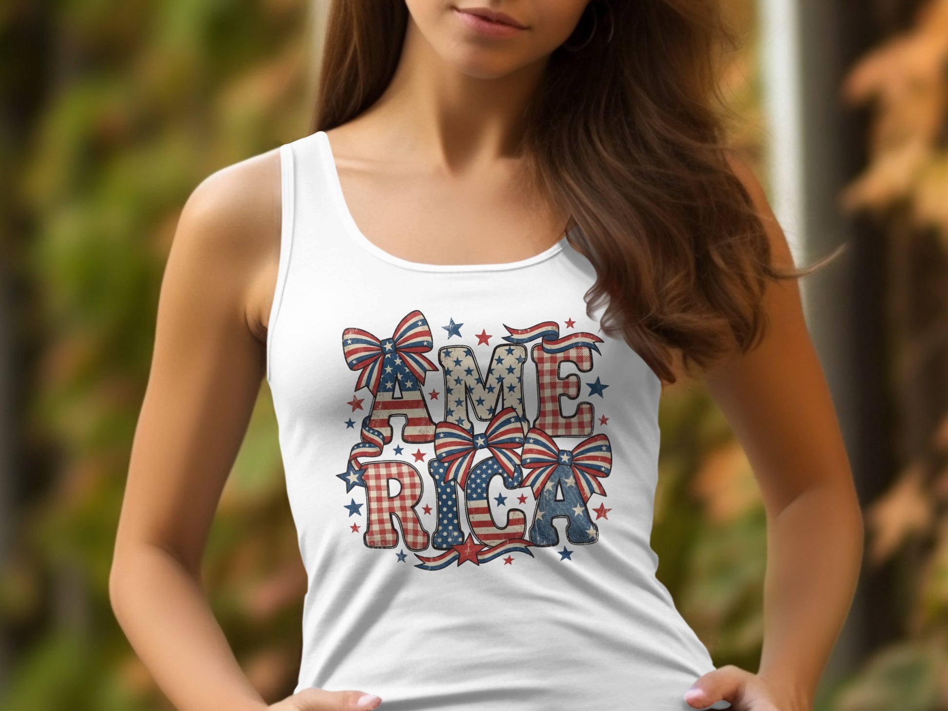 White tank top with "AMERICA" graphic made of stars, stripes, and plaid.
