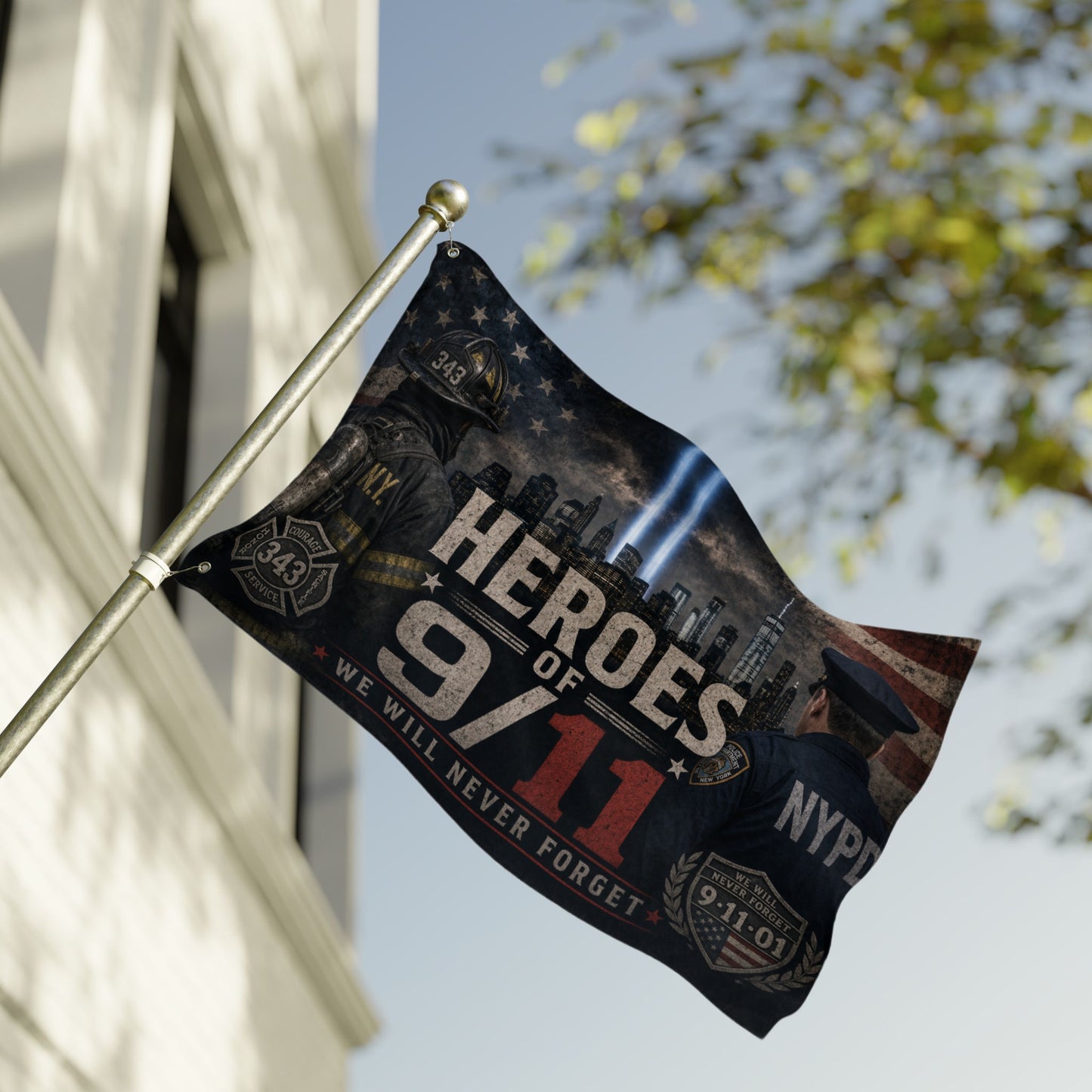 Tribute flag with firefighter, NYPD officer, and the words "Heroes of 9/11".