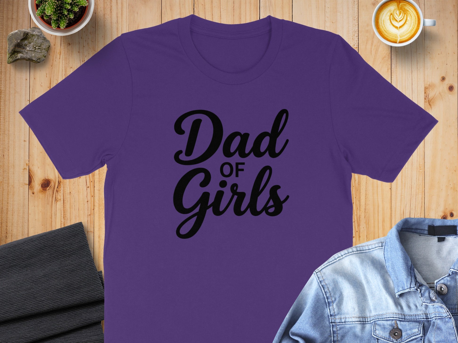 Purple t-shirt with "Dad of Girls" in black text.